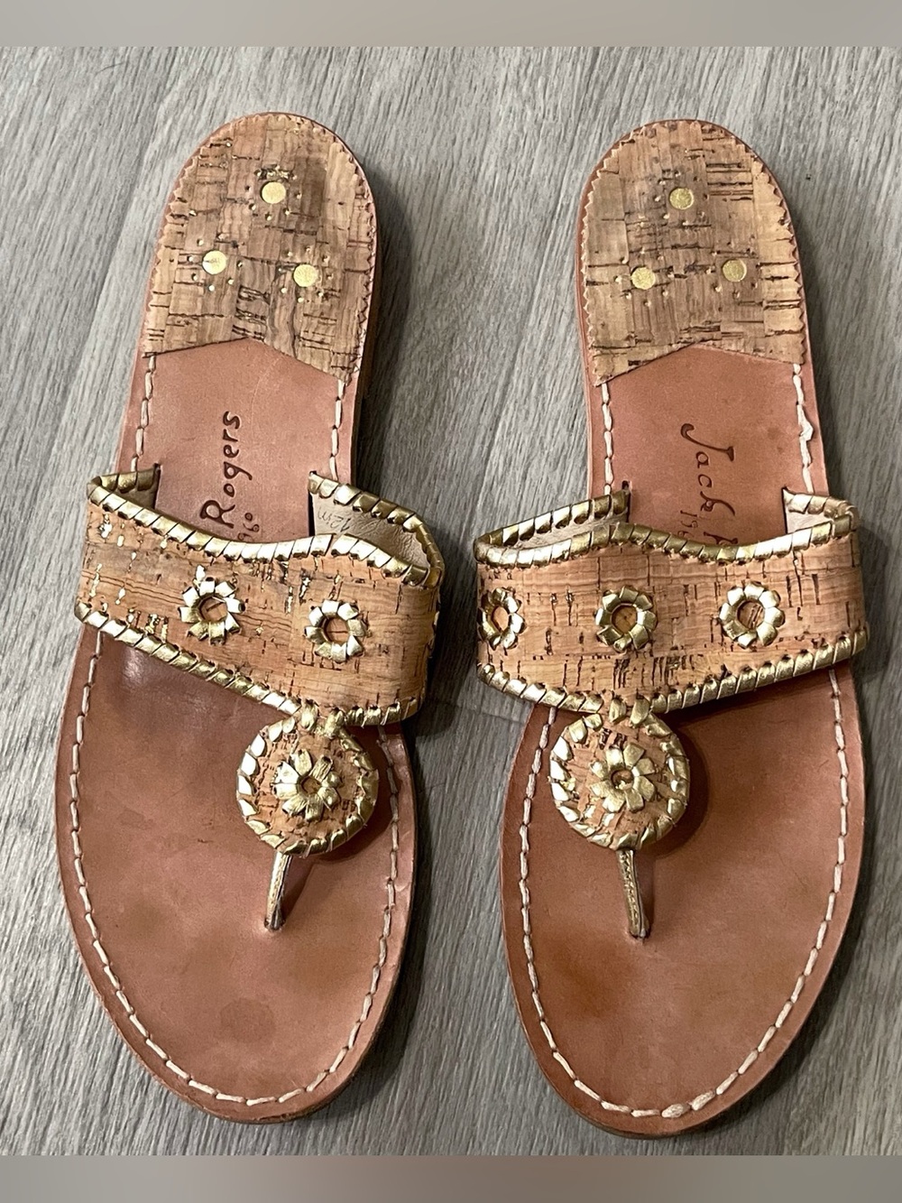 Jack Rogers Cork & Leather Tan Braided Thong Sandals with Gold Accents Festival